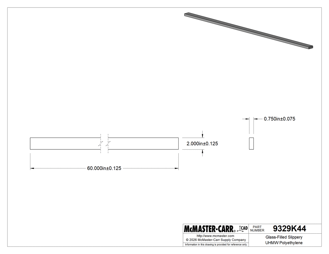 Technical Drawing of Glass-Filled Slippery UHMW Polyethylene, Abrasion-Resistant, 3/4" Thick, 2" Wide, 5 Feet Long.